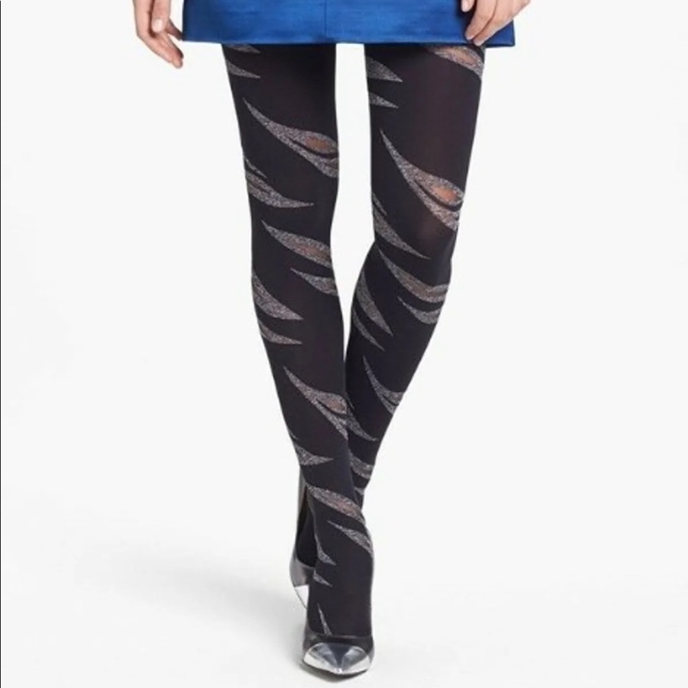 $35 NWT Oroblu Ambra Metallic Striped w Sheer Insets Tights Black